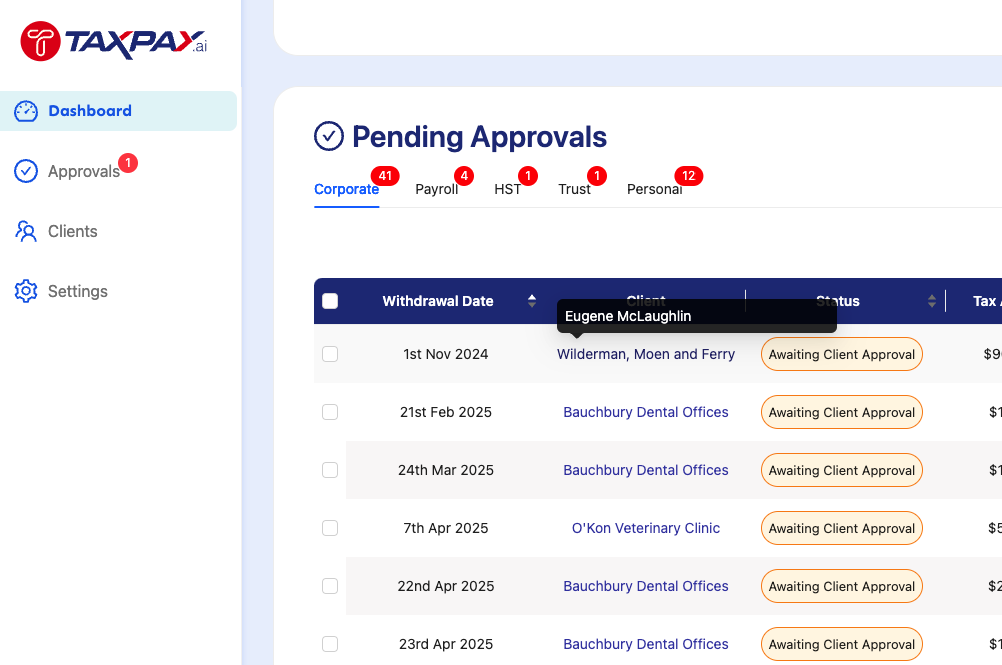 client name pending approvals