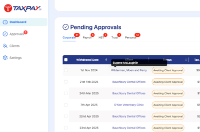client name pending approvals